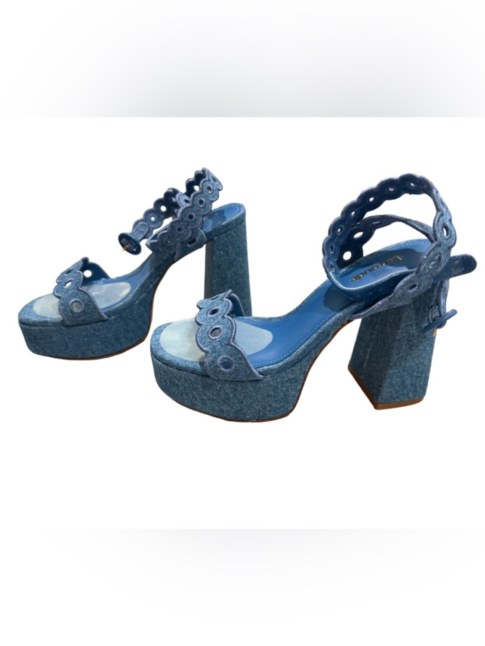 Larroudé Dolly Broderie Sandal In Blue Stoned Denim, Size 6.5